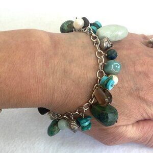 Sterling Silver 925 Beaded Multistone Turquoise Cable Chain Charm Bracelet 7.5"